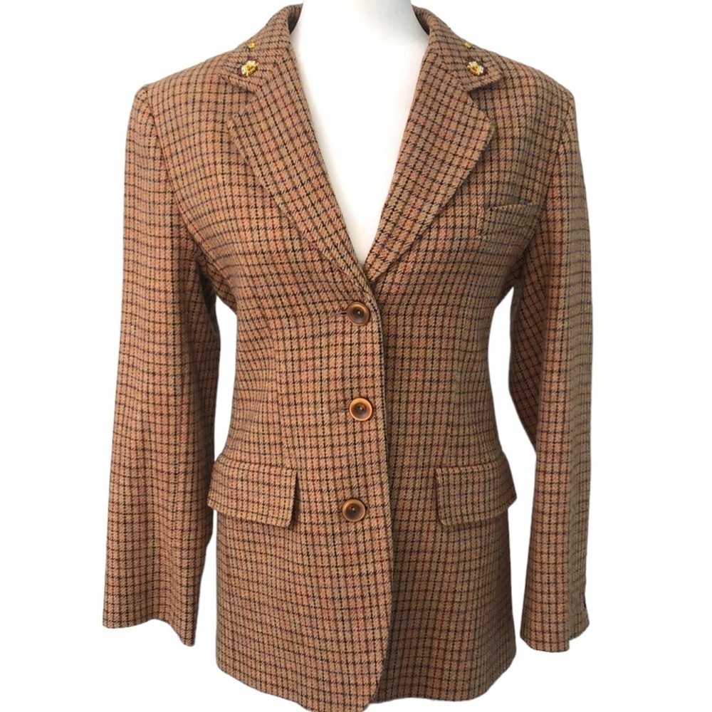 Armand Ventilo Brown Houndstooth Print Wool Blazer Beaded Collar, French Size 40